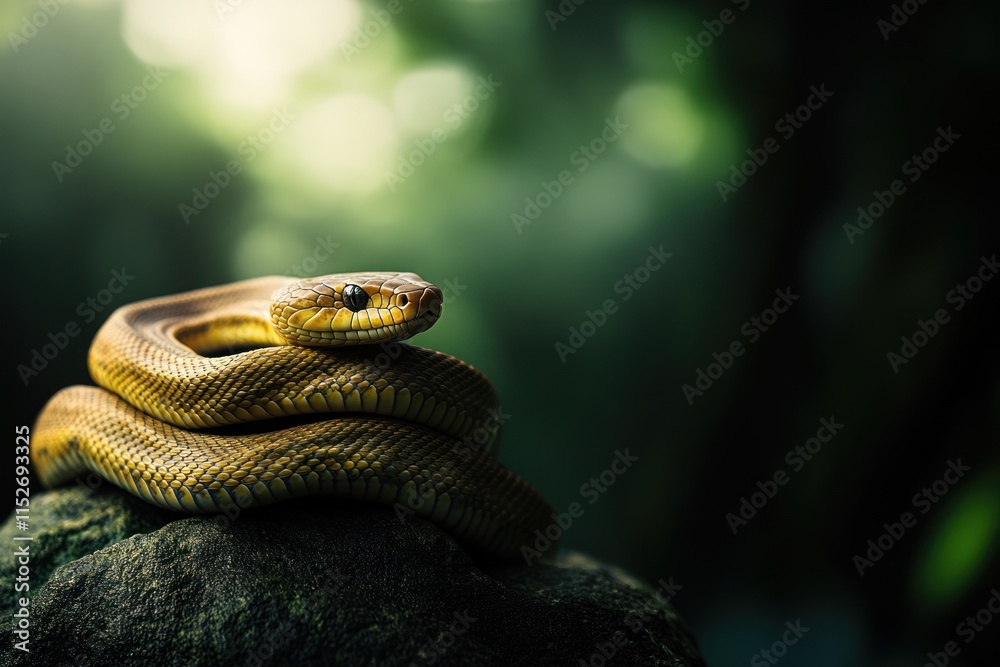 Poster a close-up of a golden snake resting on a rock in a lush, blurred background.