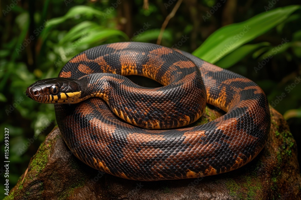 Poster a close-up of a colorful snake resting on a rock in a lush, green environment.