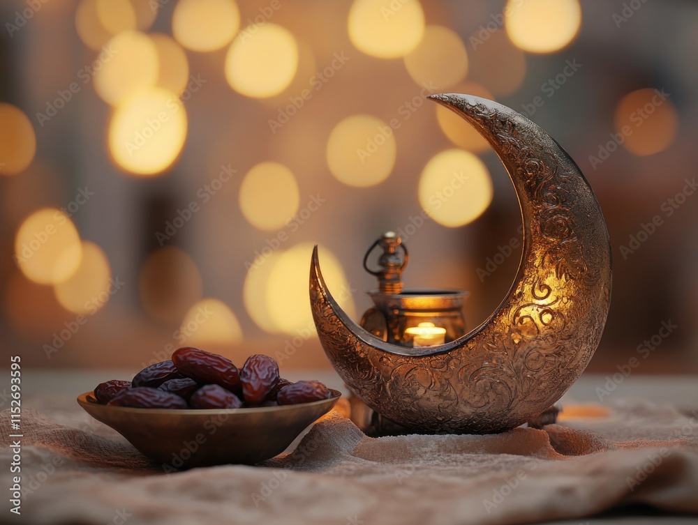 Poster a decorative crescent moon lantern beside a plate of dates, creating a warm, inviting atmosphere.