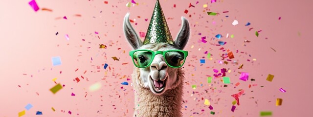 A festive llama wearing sunglasses and a party hat, surrounded by colorful confetti.