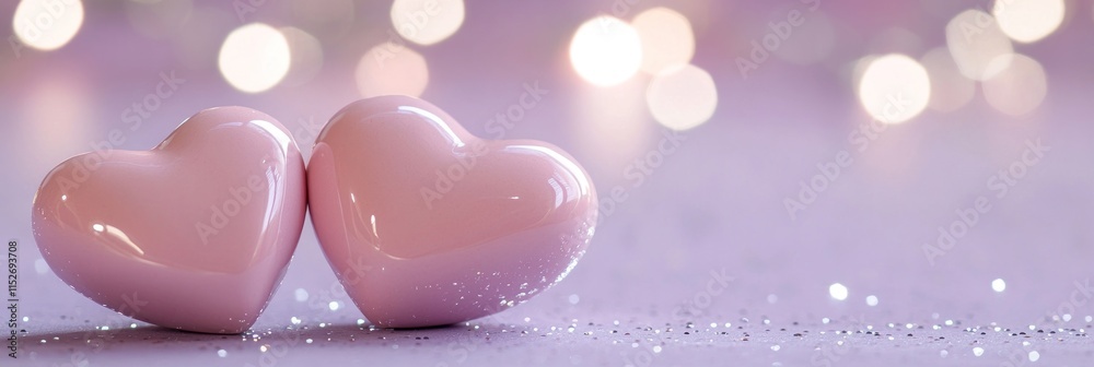Poster Two pink heart-shaped objects on a soft surface with a bokeh background.