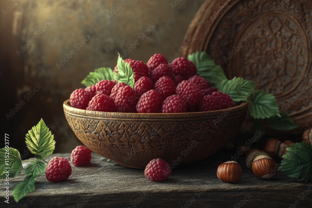 Poster a rustic bowl filled with fresh raspberries and surrounded by leaves and nuts.