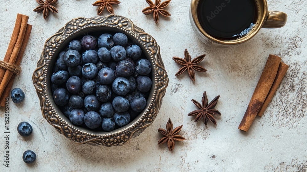 Poster a bowl of blueberries surrounded by spices and a cup of coffee on a textured surface.