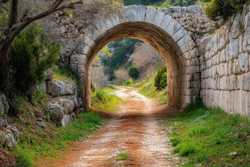 Ancient stone archway over a path. Illustrates journey, history, and exploration.