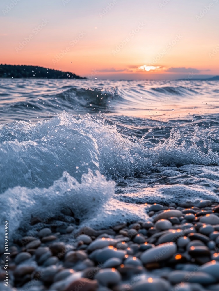 Aufkleber a serene beach scene at sunset with waves crashing on pebbles.