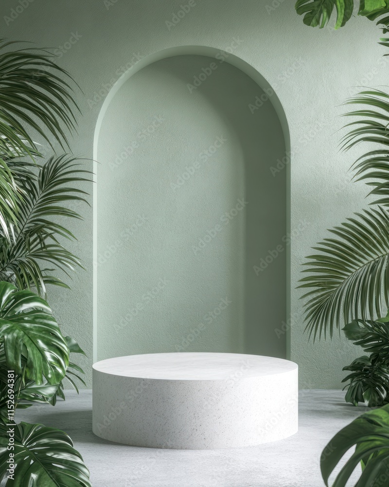 Aufkleber A minimalist display area with a circular pedestal framed by lush greenery and a soft archway.