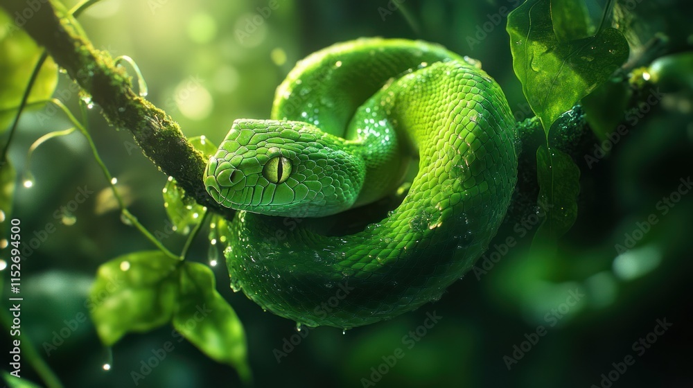 Poster a vibrant green snake resting on a branch in a lush, dew-covered jungle setting.