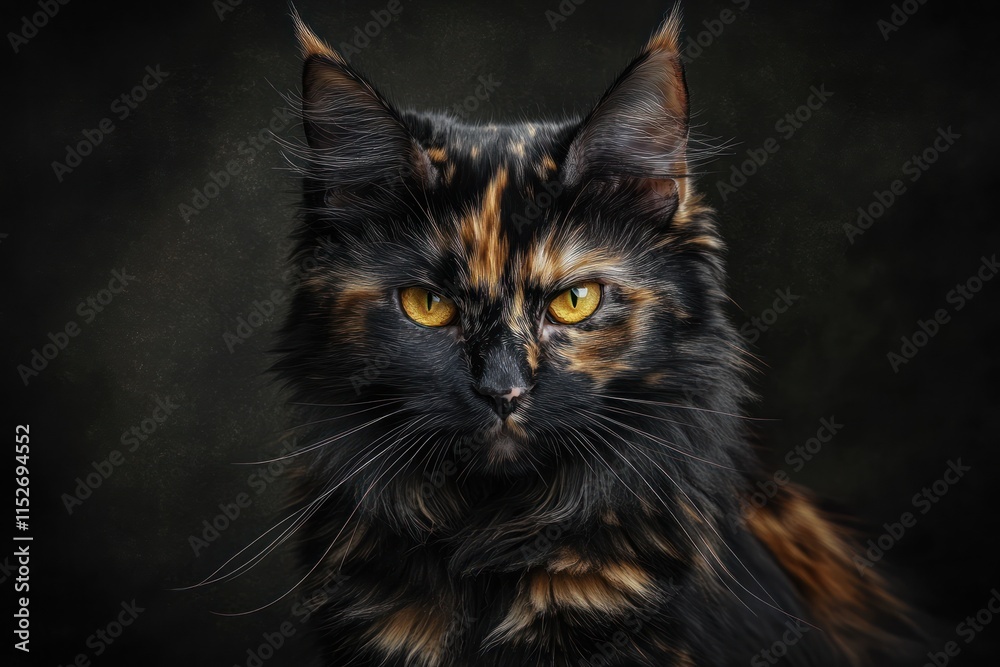 Poster a close-up portrait of a tortoiseshell cat with striking yellow eyes against a dark background.