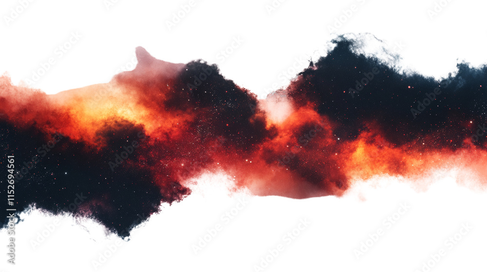 Poster red and black nebula dust clouds resemble cosmic explosion.
