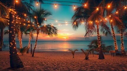 Tropical beach sunset scene with palm trees adorned with string lights.