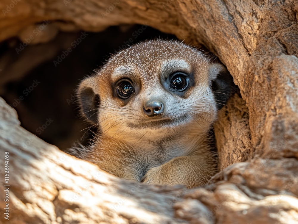 Poster a close-up of a meerkat peeking out from a tree hollow, showcasing its curious expression.