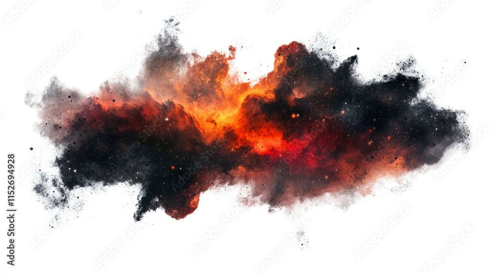 Poster red and black nebula dust clouds resemble cosmic explosion.