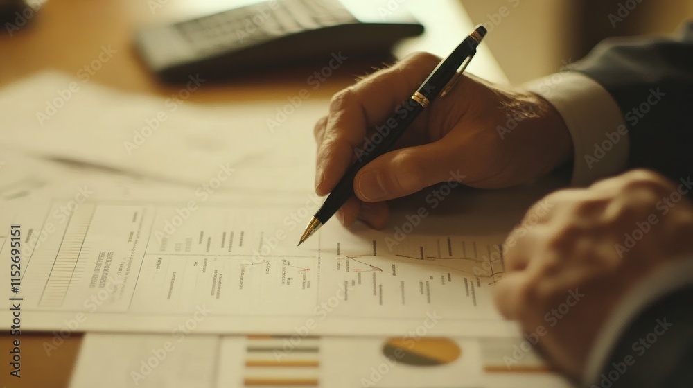 Poster A hand writing on a document with financial charts and a calculator in the background.