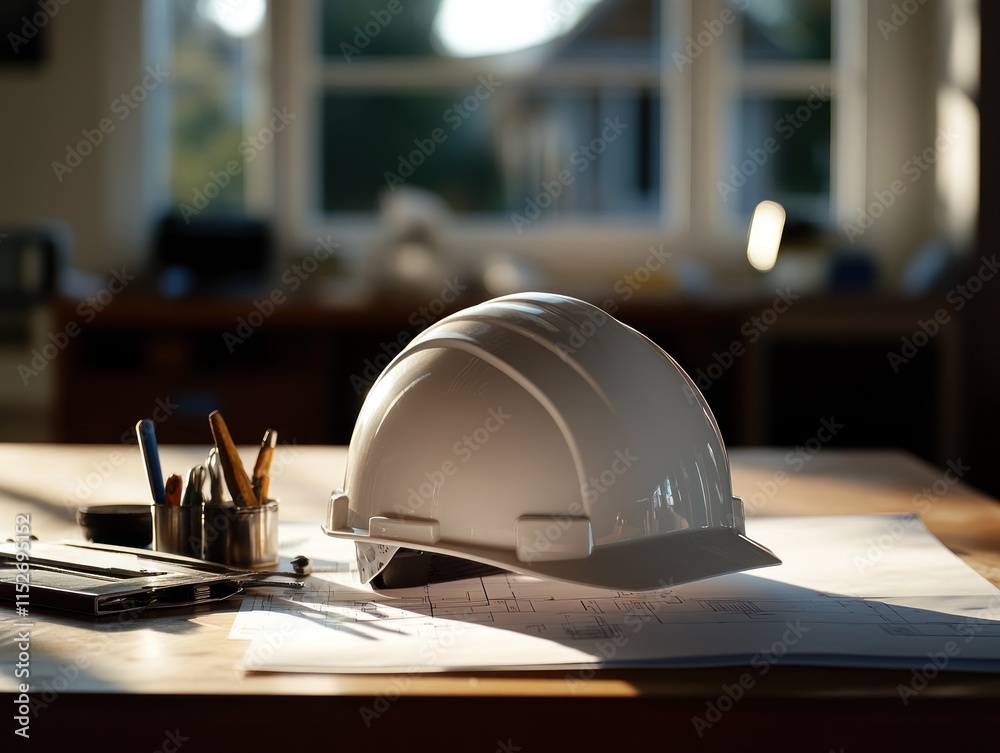 Poster a hard hat rests on architectural plans, symbolizing construction and design work.