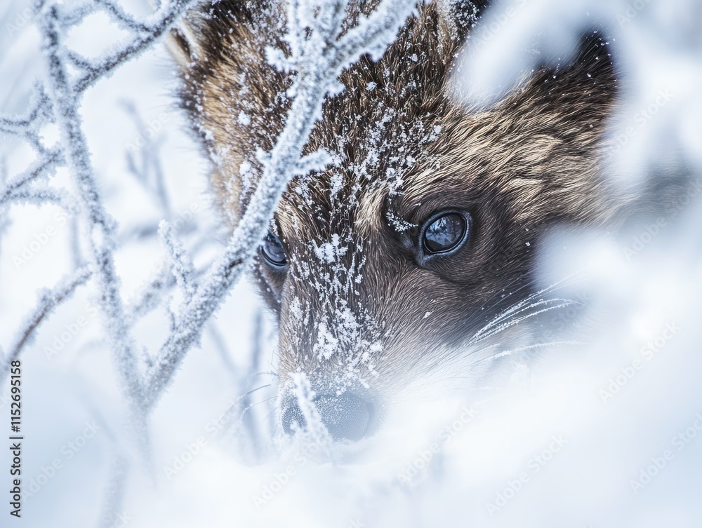 Poster a close-up of a fox's face peering through frosty branches in a snowy environment.