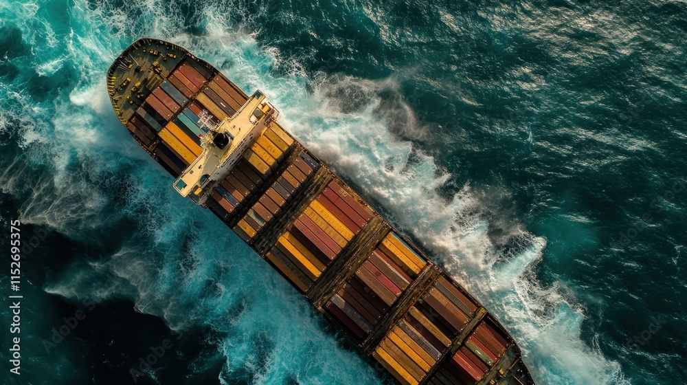 Poster aerial view of a cargo ship navigating through ocean waves.