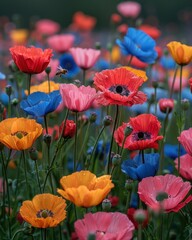 Fototapeta premium Vibrant multicolored poppies and bee in a field.