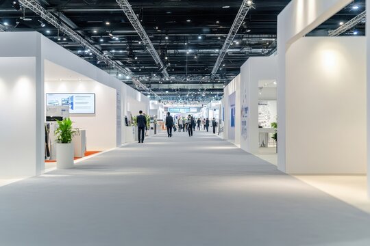 Modern trade show aisle with attendees.