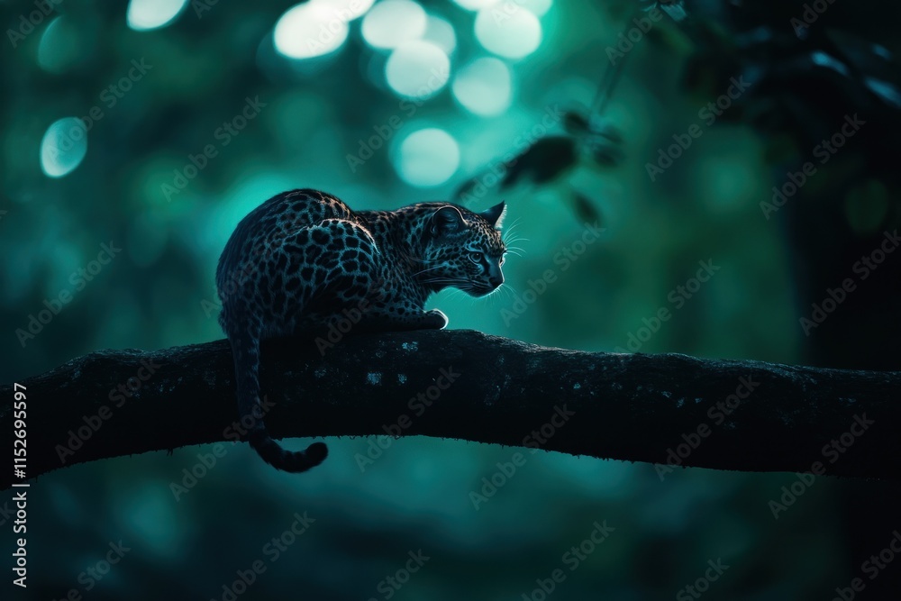 Poster a leopard rests on a branch in a dimly lit forest, showcasing its striking coat.