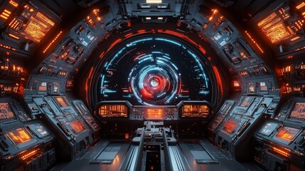 Obraz premium Futuristic spaceship bridge, glowing controls, hyperspace view.