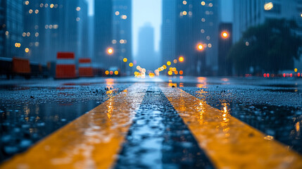 Modern striped construction barricade with sleek design standing in front of a blurred modern cityscape symbolizing urban development progress boundaries and chaos in a fast-paced metropolitan environ