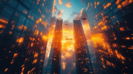 Fototapeta premium Futuristic cityscape, sunset, flying vehicles.