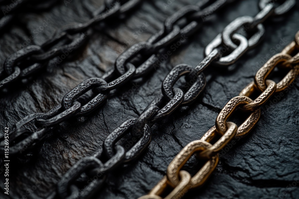 Aufkleber a close-up of three different chains in black, silver, and gold on a textured surface.