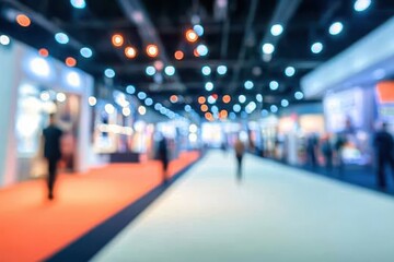 Blurred image of a bustling trade show floor with people walking and booths.