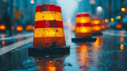 Modern striped construction barricade with sleek design standing in front of a blurred modern cityscape symbolizing urban development progress boundaries and chaos in a fast-paced metropolitan environ