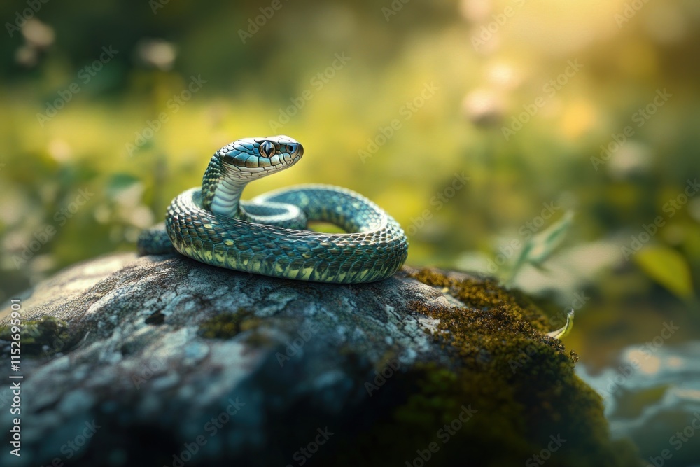 Poster A close-up of a snake resting on a mossy log in a sunlit forest setting.