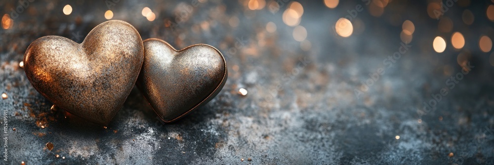 Poster Two metallic hearts on a textured surface with a bokeh background.
