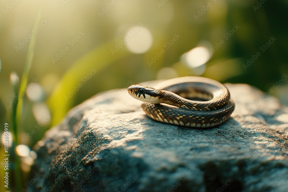 Poster A snake resting on a rock, illuminated by soft sunlight in a natural setting.