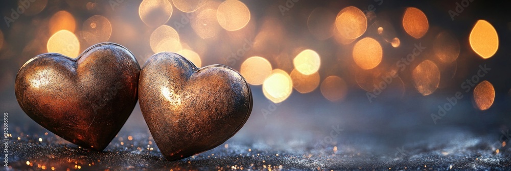 Poster two metallic hearts on a sparkling surface with a blurred bokeh background.