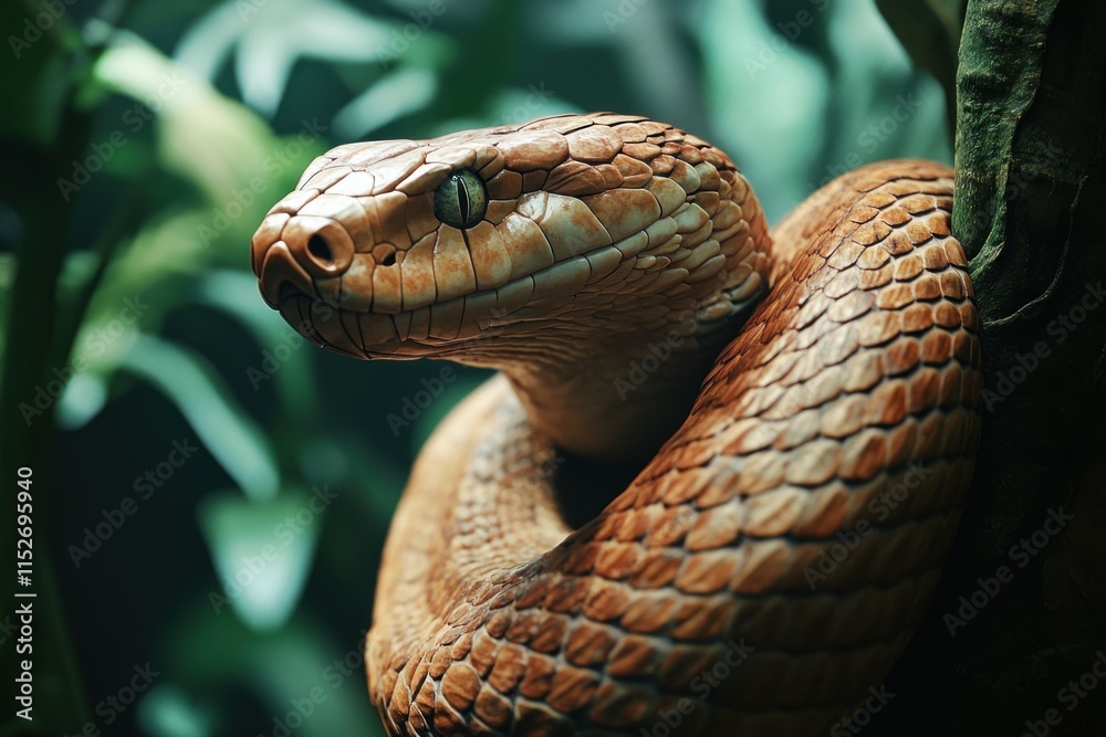 Poster a close-up of a snake coiled on a branch in a lush, green environment.