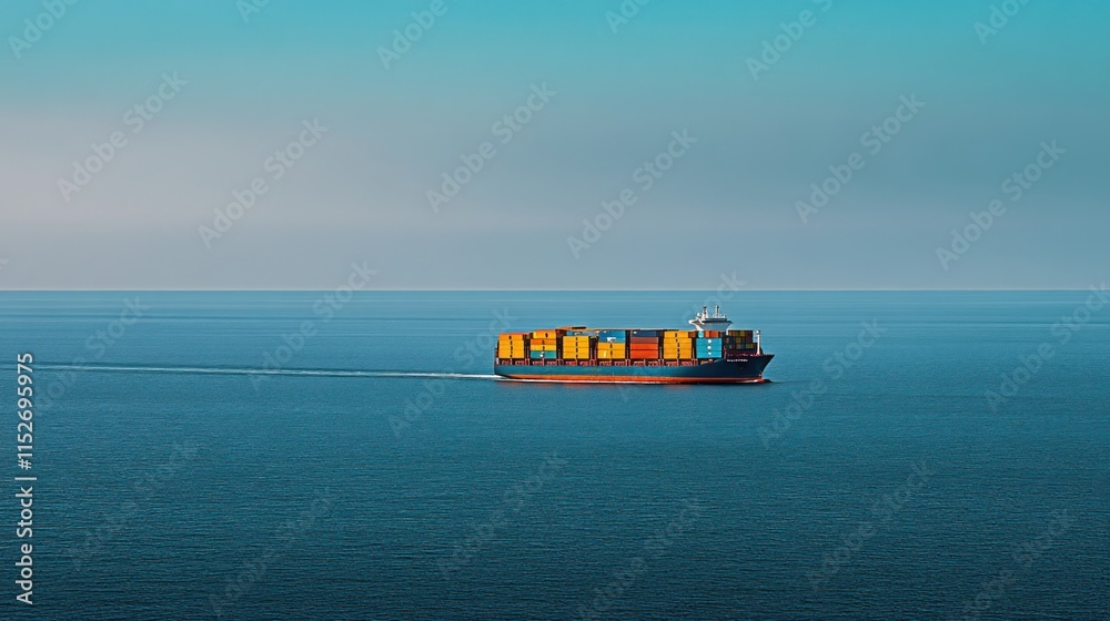 Poster a container ship navigates calm waters under a clear sky.