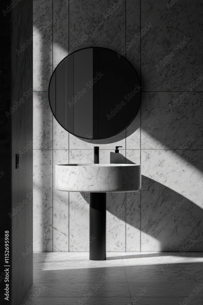 Poster a modern bathroom scene featuring a circular mirror and a minimalist sink in soft lighting.