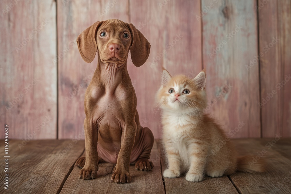Poster a playful puppy and a curious kitten sit together on a wooden surface against a rustic backdrop.