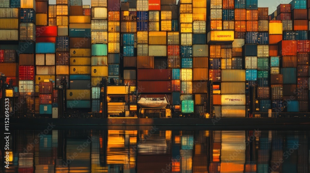 Poster a vibrant display of shipping containers reflecting on water at a port.