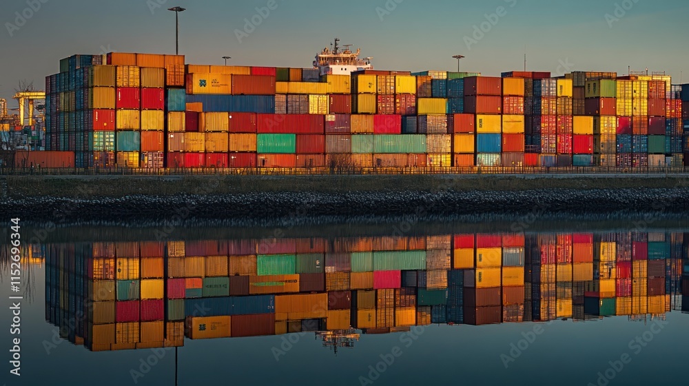 Poster a colorful array of shipping containers reflected in calm water, showcasing industrial transport.