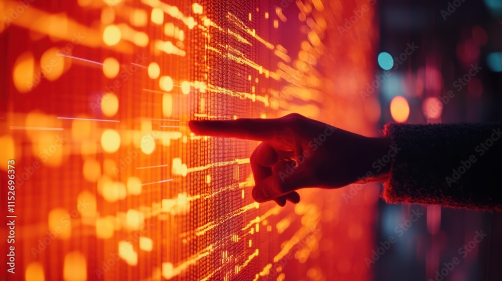 Poster A hand interacts with a vibrant digital display of data visualization.