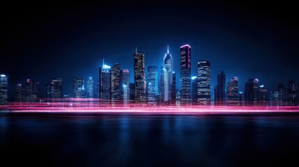 Fototapeta premium Modern skyline reflecting on calm water at night with vibrant lights and glowing skyscrapers in urban setting