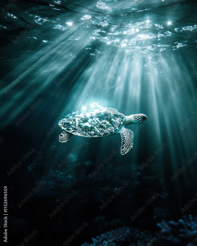 Poster a serene underwater scene featuring a turtle illuminated by sunlight beams.