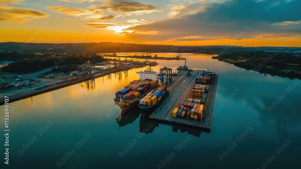 Poster Aerial view of a busy shipping port at sunset with colorful containers and calm waters.