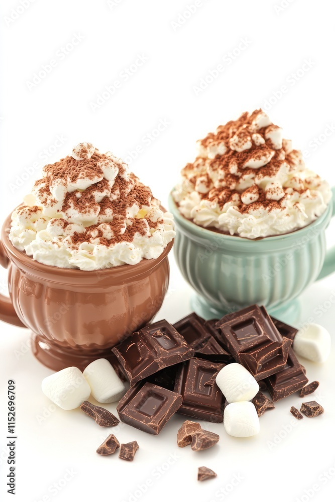 Poster two cups of hot chocolate topped with whipped cream and cocoa, surrounded by chocolate squares and m