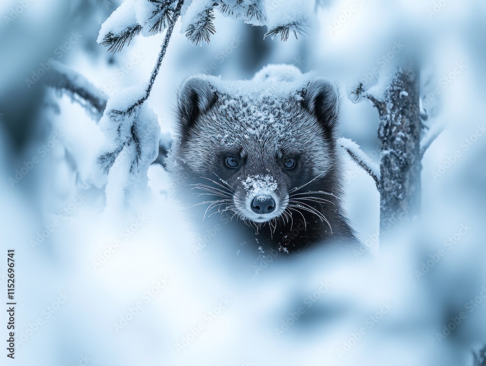 Poster A close-up of a wolverine in a snowy forest, showcasing its fur and natural habitat.