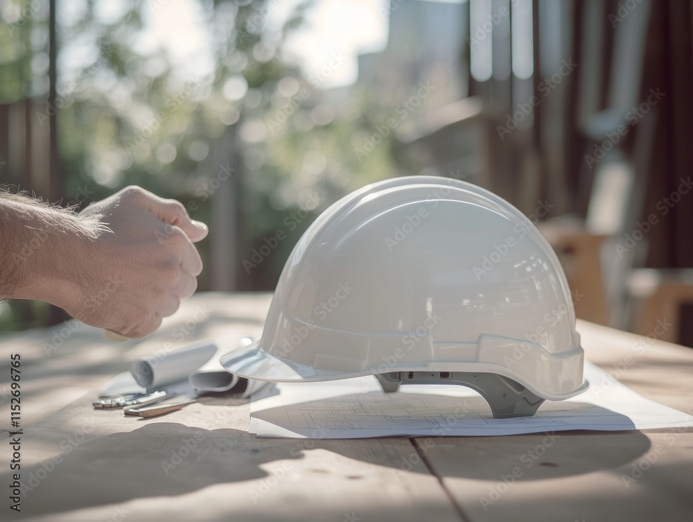 Poster a construction helmet rests on a table with rolled plans and tools, suggesting a work environment.