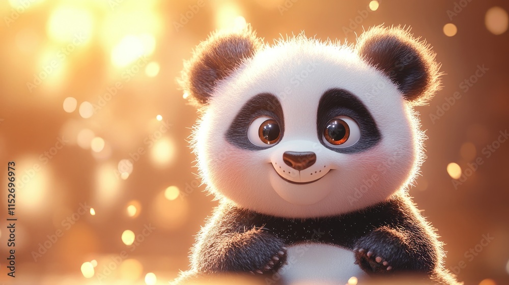Poster a cute animated panda character with a joyful expression, surrounded by a warm, glowing background.