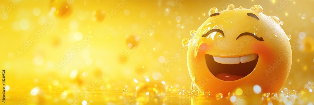 Poster a cheerful emoji with a big smile, surrounded by a warm yellow background and sparkles.