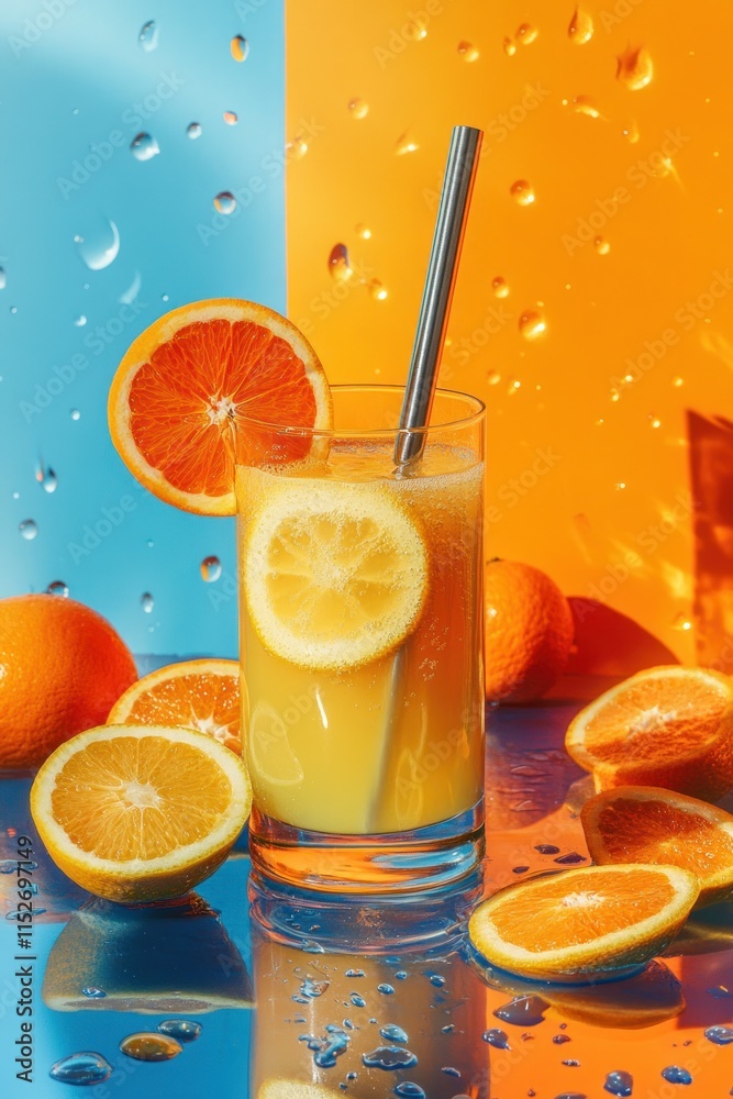 Poster a refreshing orange and lemon drink in a glass, surrounded by fresh oranges and droplets.