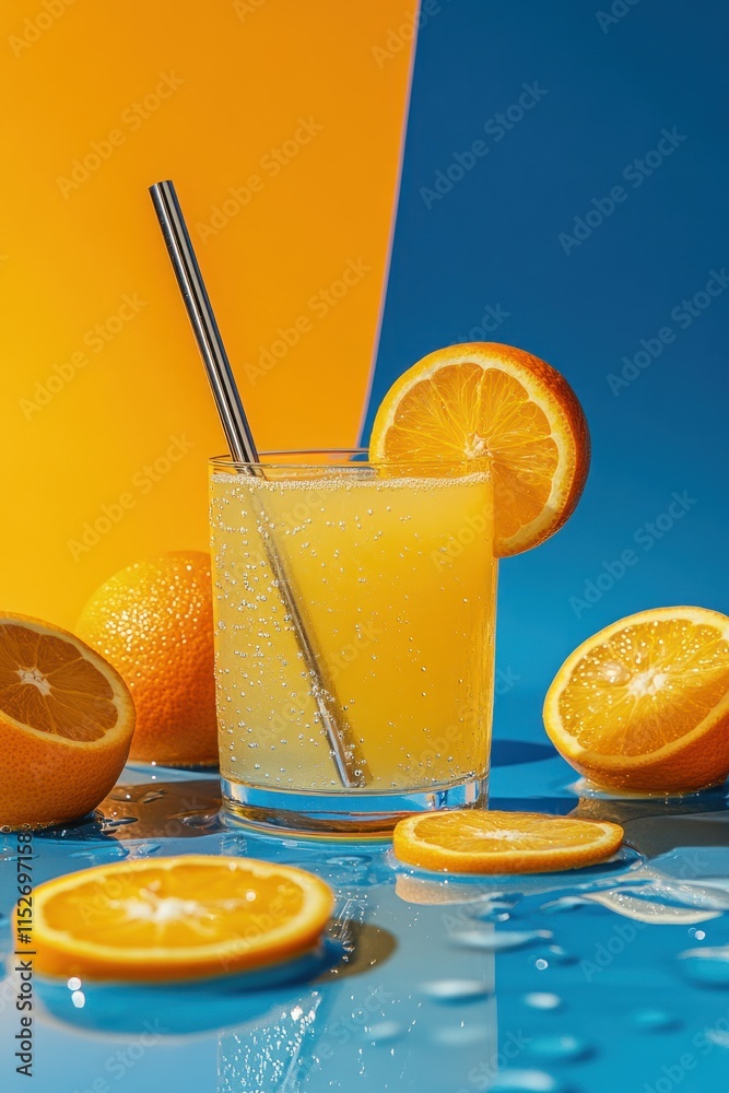 Poster a refreshing orange drink with slices and bubbles on a vibrant blue and yellow background.